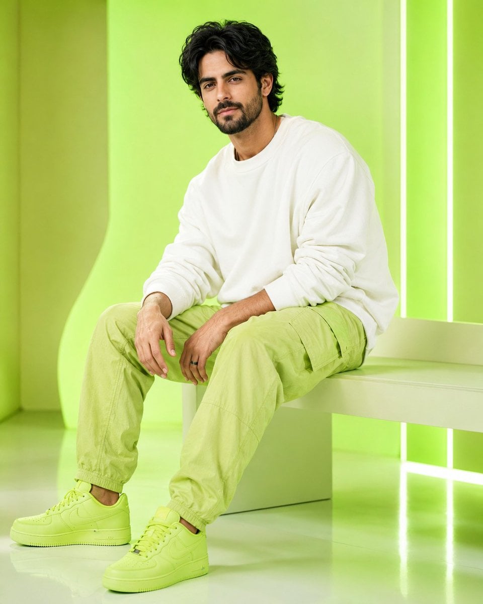 Ultra-realistic fair handsome young Indian man sitting on a modern minimalist be