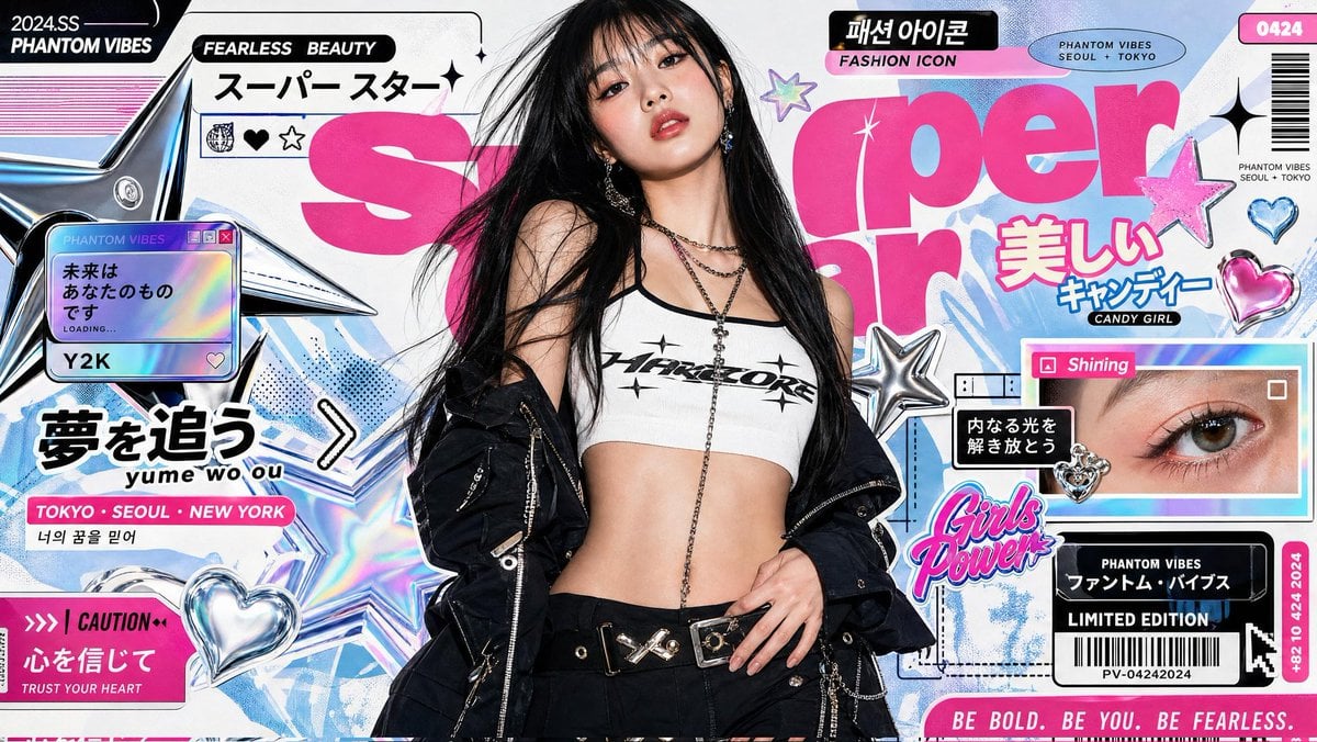 Ultra-stylized high-fashion editorial poster of a confident young Asian female m