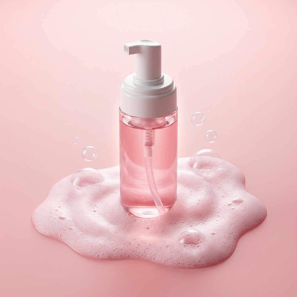 Premium minimalist skincare product photography. A translucent pink liquid clean