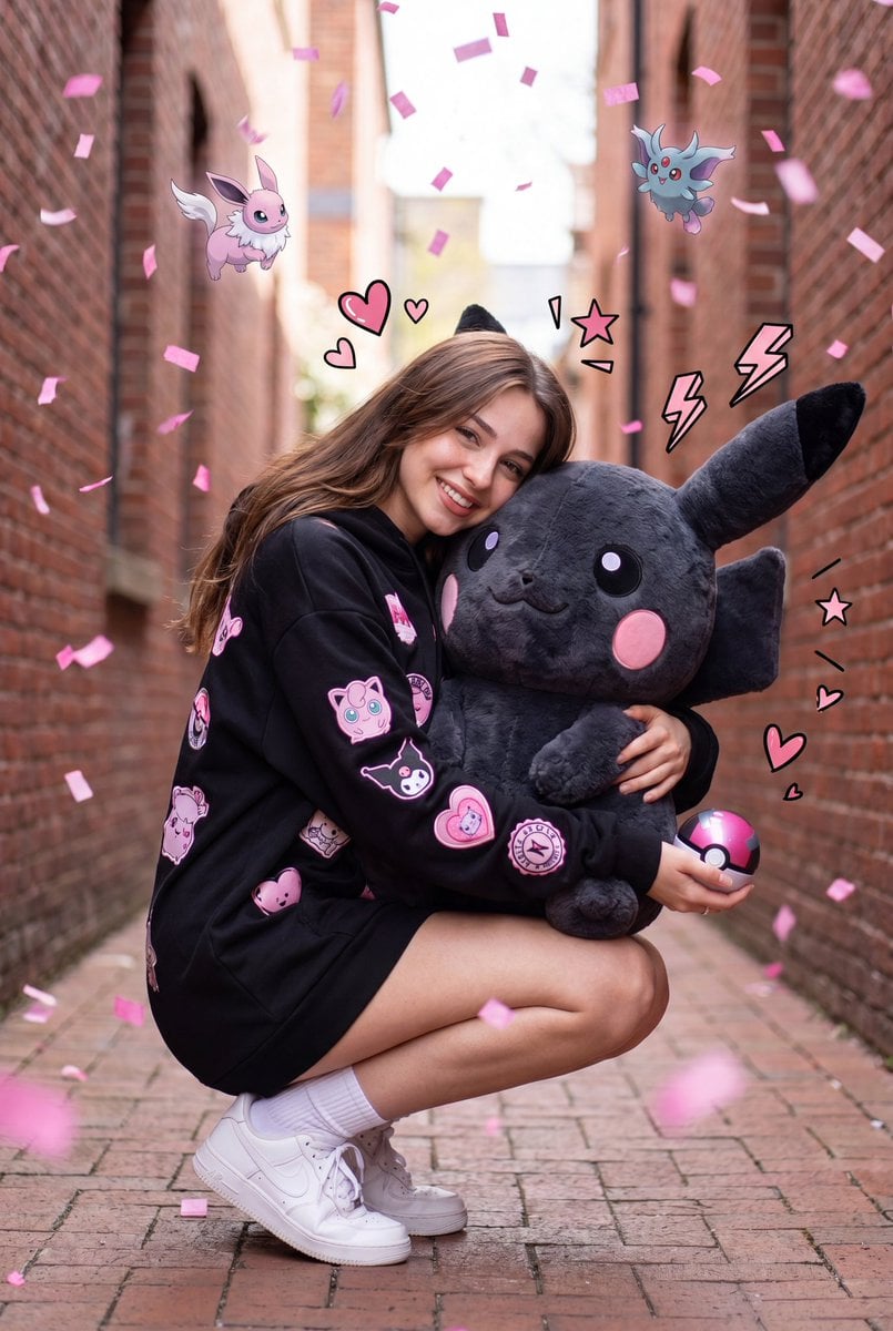 A hyper-realistic full-body portrait of a cute young woman crouching in a narrow
