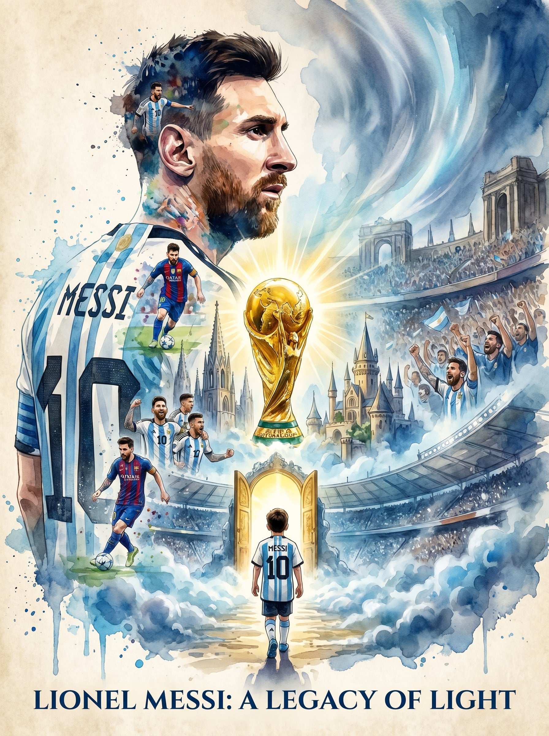 Epic cinematic watercolor poster of Lionel Messi, giant side-profile portrait do