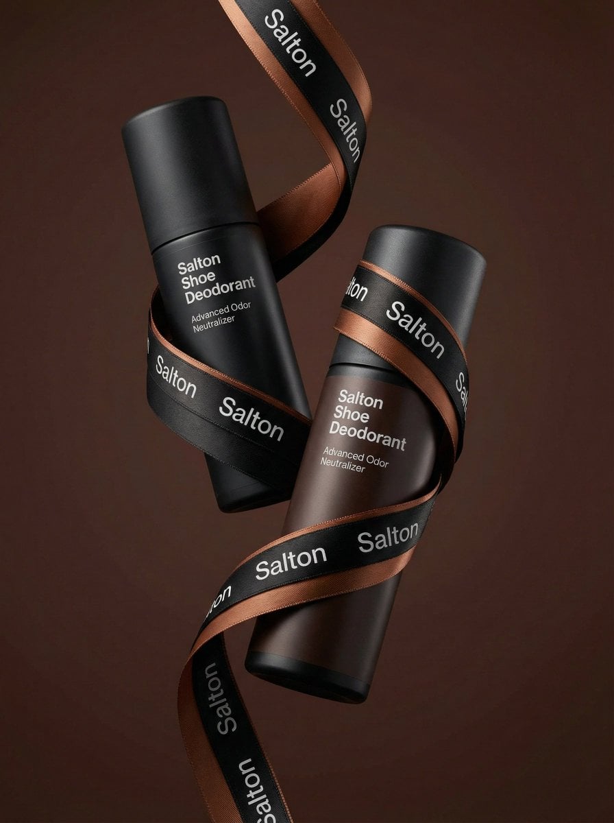 A product photo in a premium advertising style. Two tall matte bottles of Salton