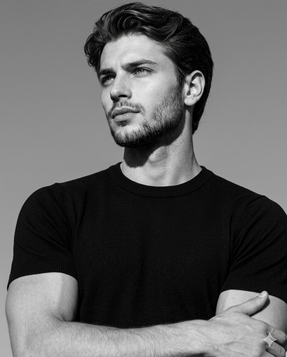 Ultra-realistic black-and-white editorial portrait, low-angle shot, 4:5 aspect r