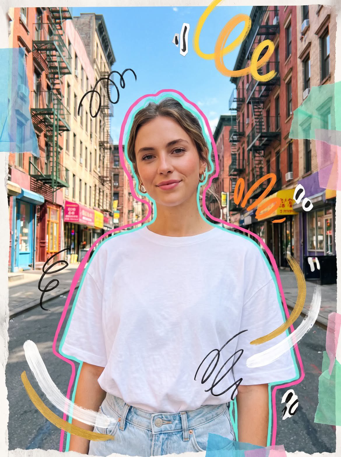 Photorealistic mixed media collage street portrait of a young woman on a bright 