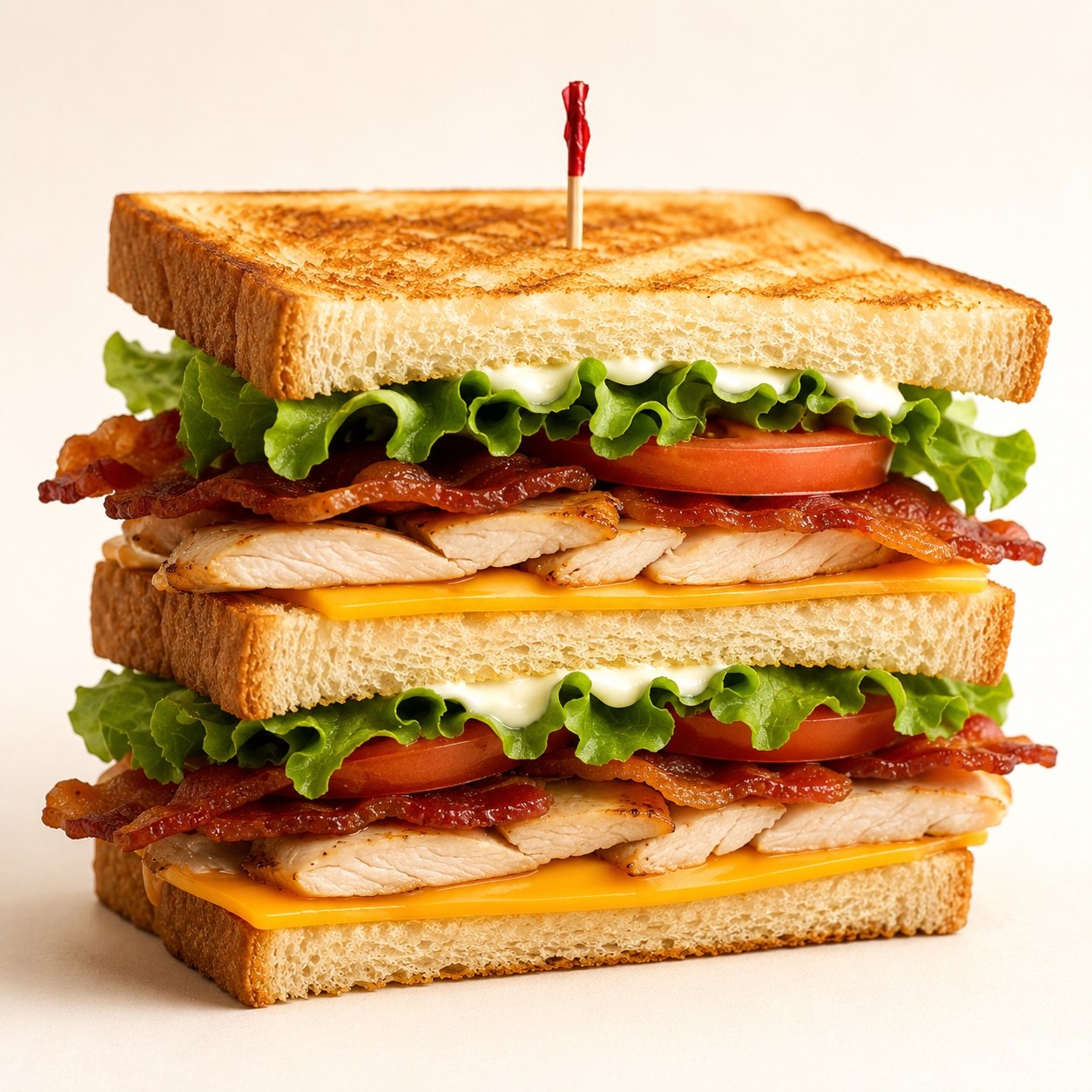 - A premium café product photograph of a gourmet club sandwich centered against 